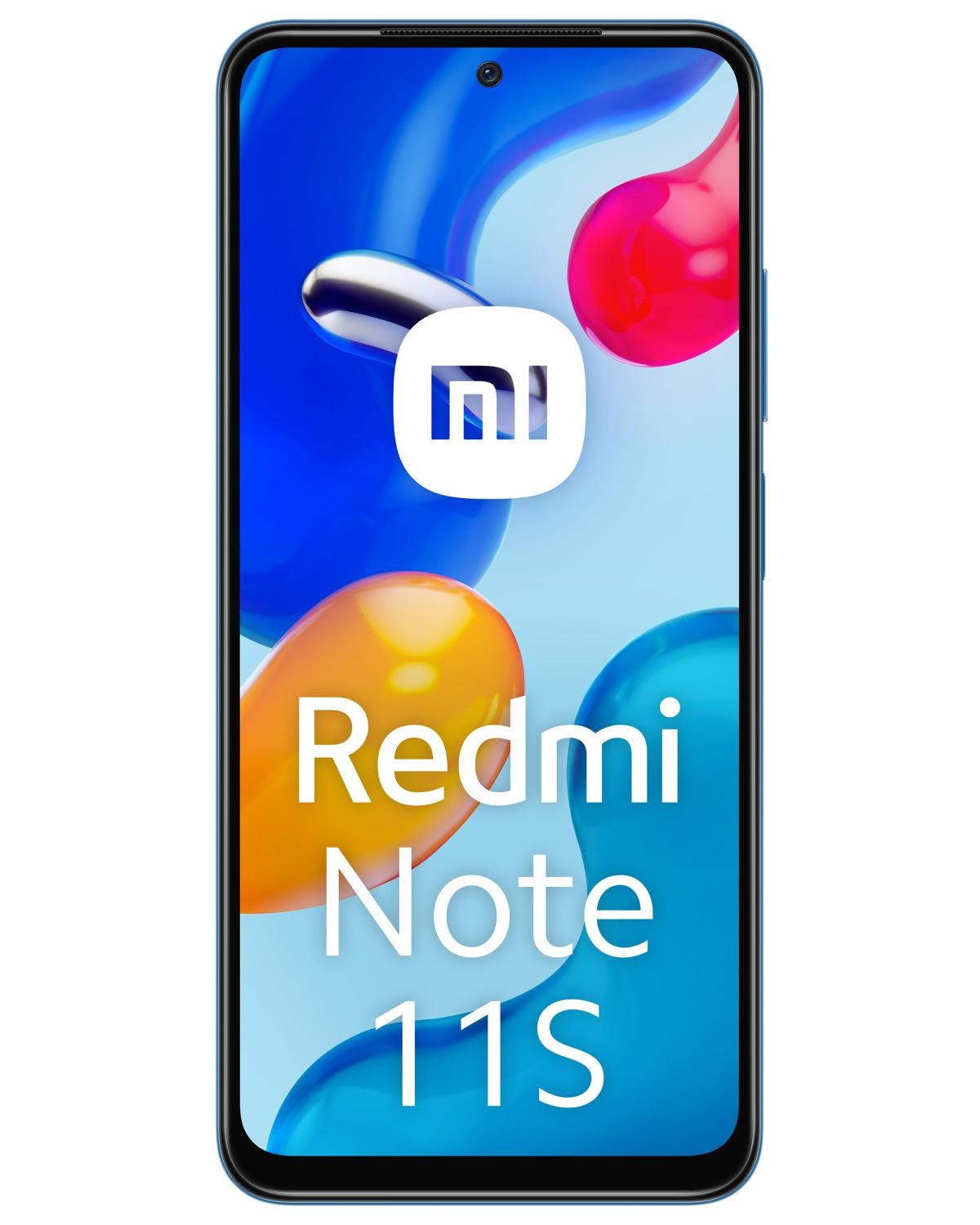 Uno smartphone Redmi Note 11S con logo Mi e forme colorate.