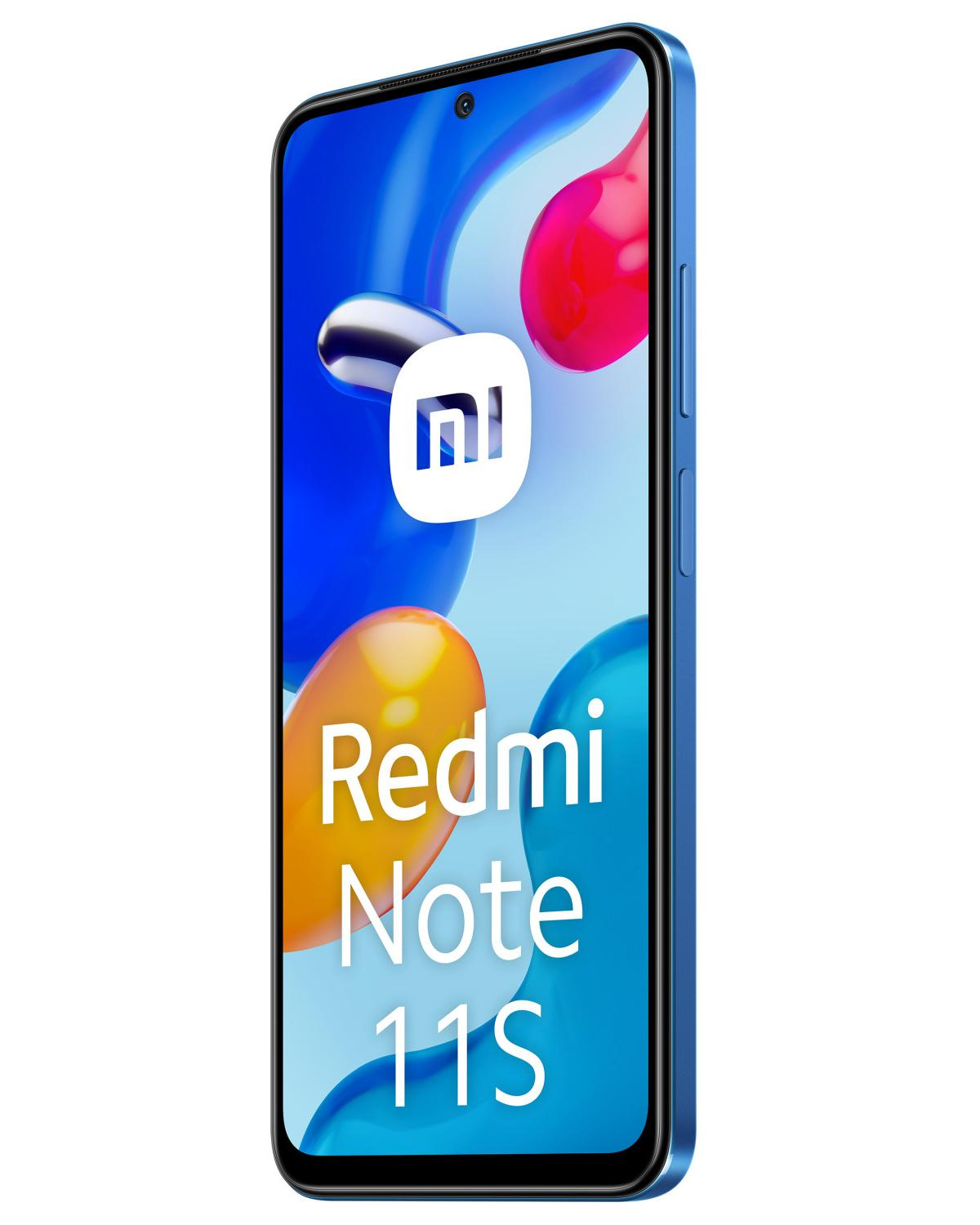 Uno smartphone Xiaomi Redmi Note 11S blu con logo bianco sullo schermo.