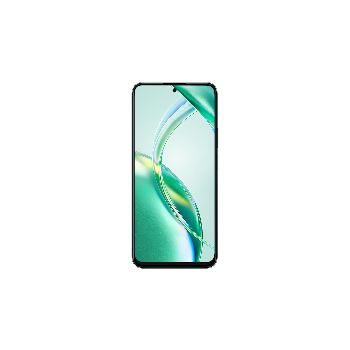 Uno smartphone elegante con grafica ondulata verde e blu sullo schermo.