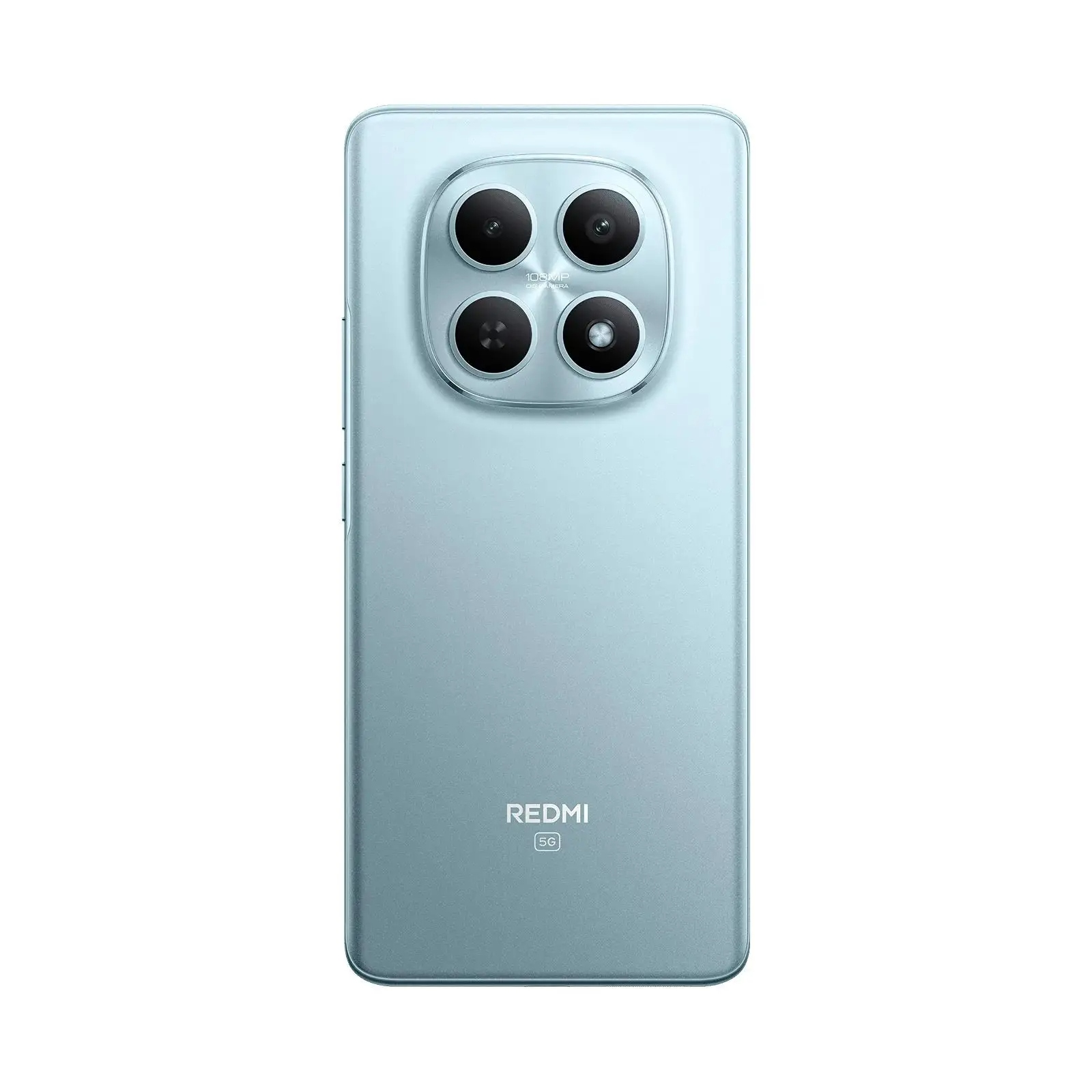 Retro di uno smartphone azzurro con quattro fotocamere e logo Redmi 5G.