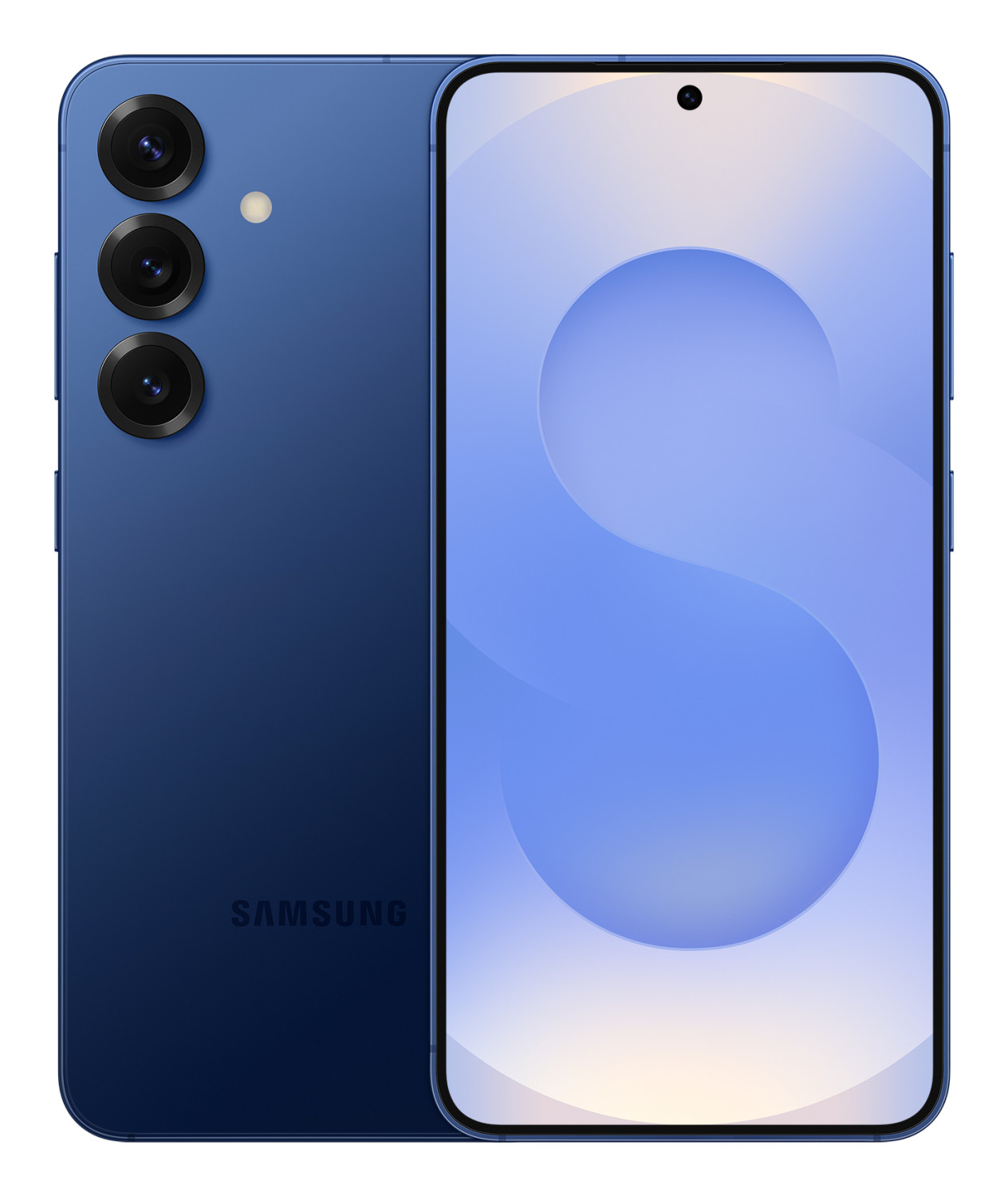 Uno smartphone Samsung blu con tre fotocamere sul retro.