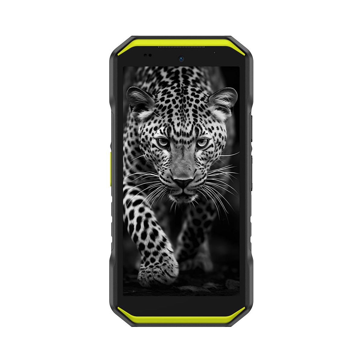 Schwarz-weißes Bild eines Leoparden, der auf einer rauen Oberfläche läuft, angezeigt auf einem Handy.