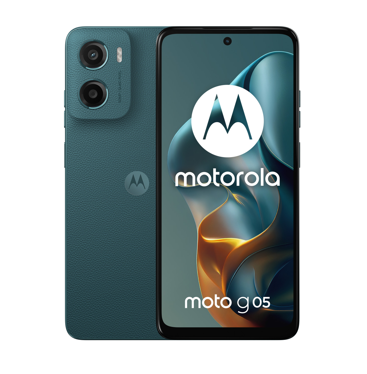 Een teal Motorola Moto G05 met dubbele camera's aan de achterkant.
