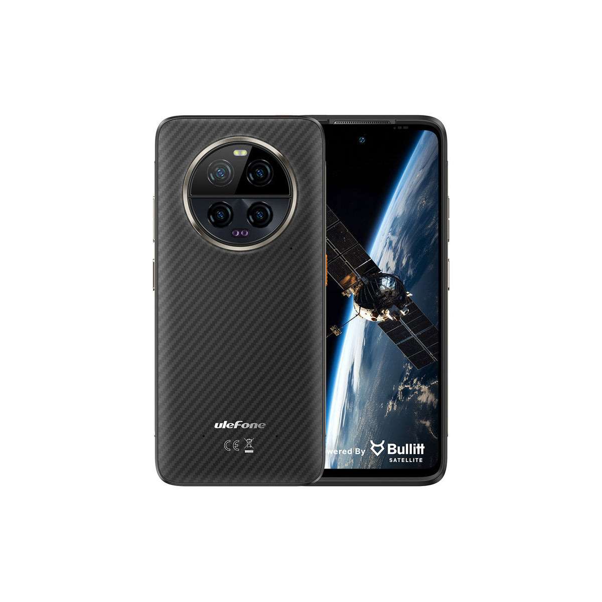 Smartphone nero con retro a fantasia carbonio, satellite nello spazio sullo schermo.