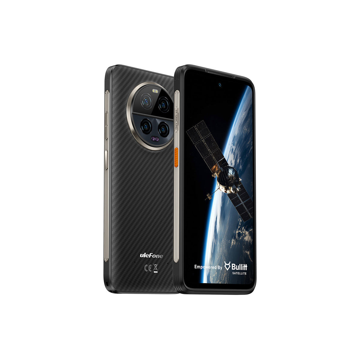 Uno smartphone nero con motivo in carbonio e immagine satellitare sullo schermo.