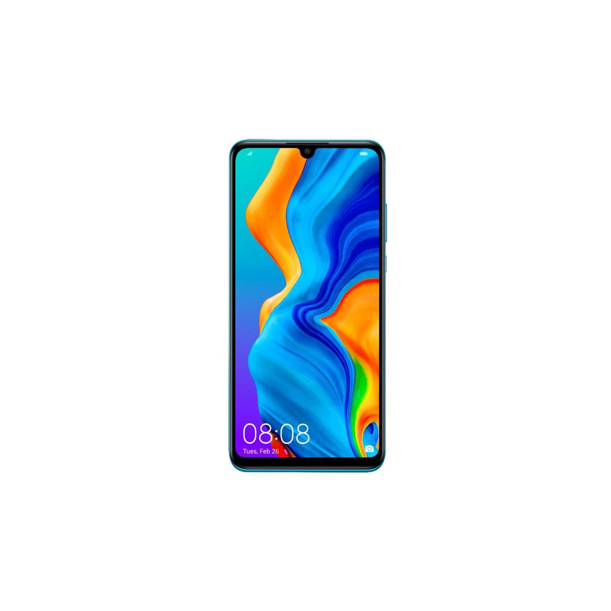Ein hellblaues Smartphone mit einem bunten Hintergrundbild auf dem Bildschirm.