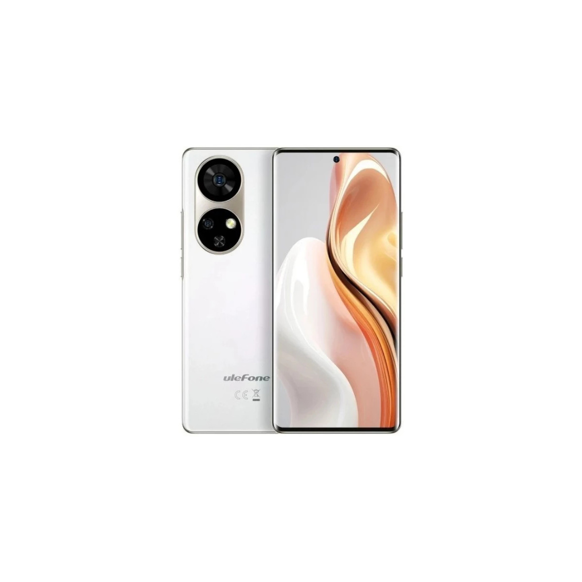 Uno smartphone bianco con isola fotocamera rotonda sul retro e schermo con motivo ad onda.