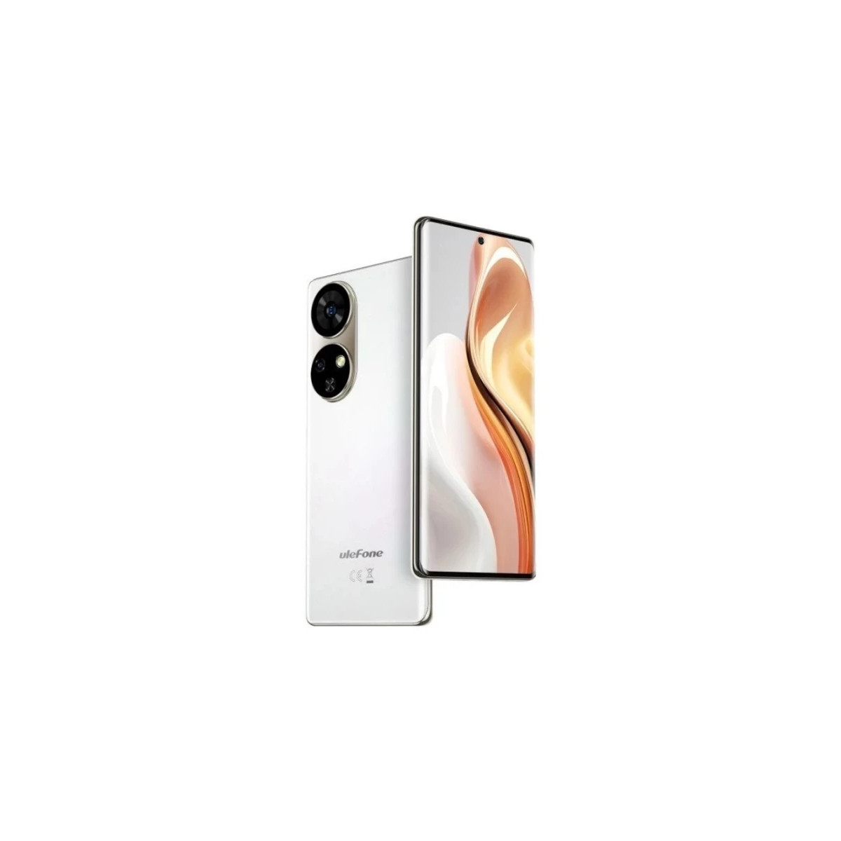 Uno smartphone bianco con doppia fotocamera posteriore e schermo curvo su sfondo bianco.