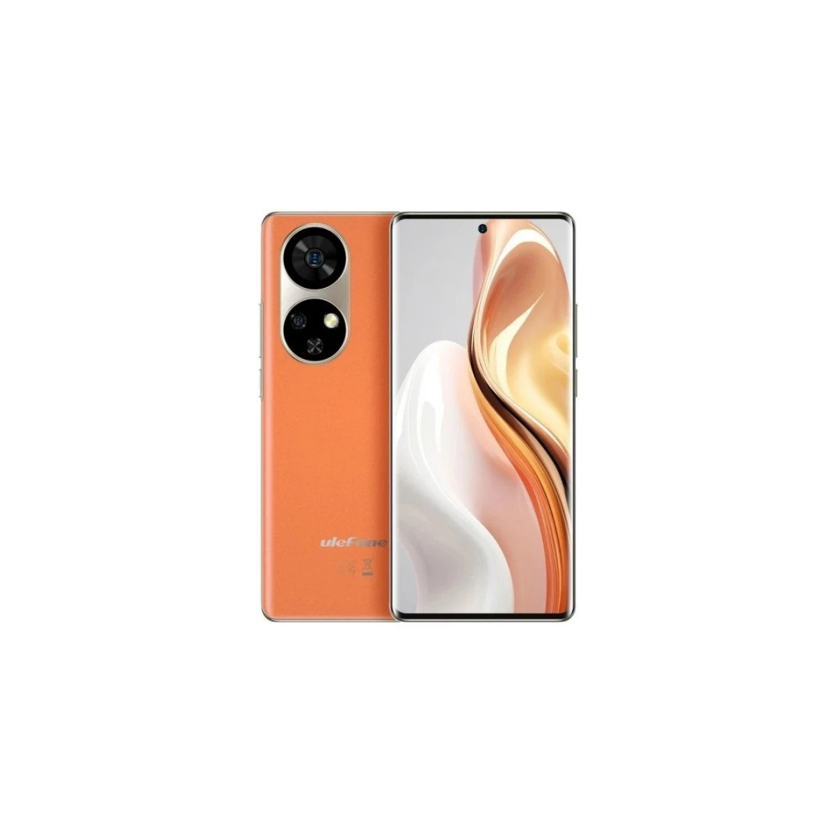 Orange Smartphone mit Doppelkamera und hellem Bildschirm.
