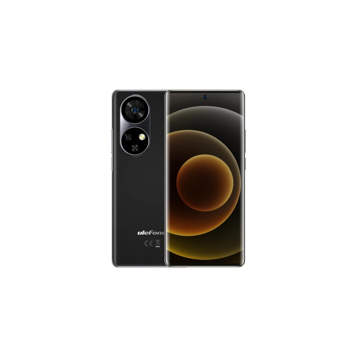 Smartphone nero con due fotocamere posteriori, lo schermo mostra un cerchio arancione.