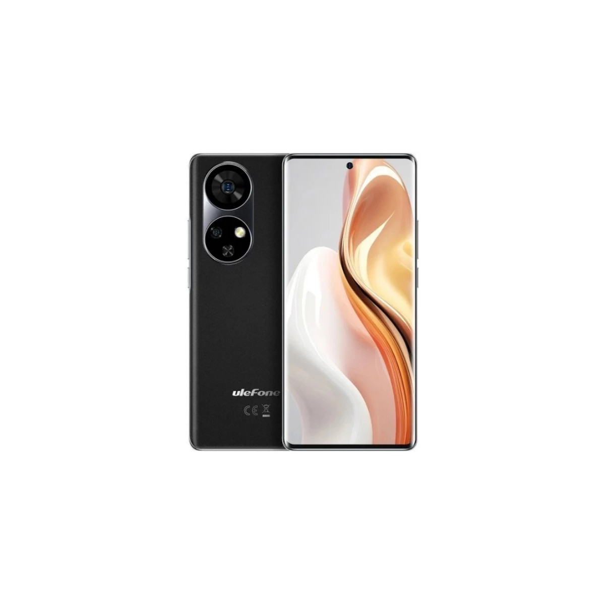 Smartphone nero con tre fotocamere posteriori e uno sfondo stilizzato sullo schermo.