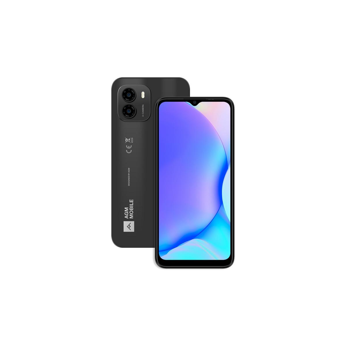 Schwarzes AGM Mobil Smartphone mit zwei Kameras und blauem Hintergrundbild.