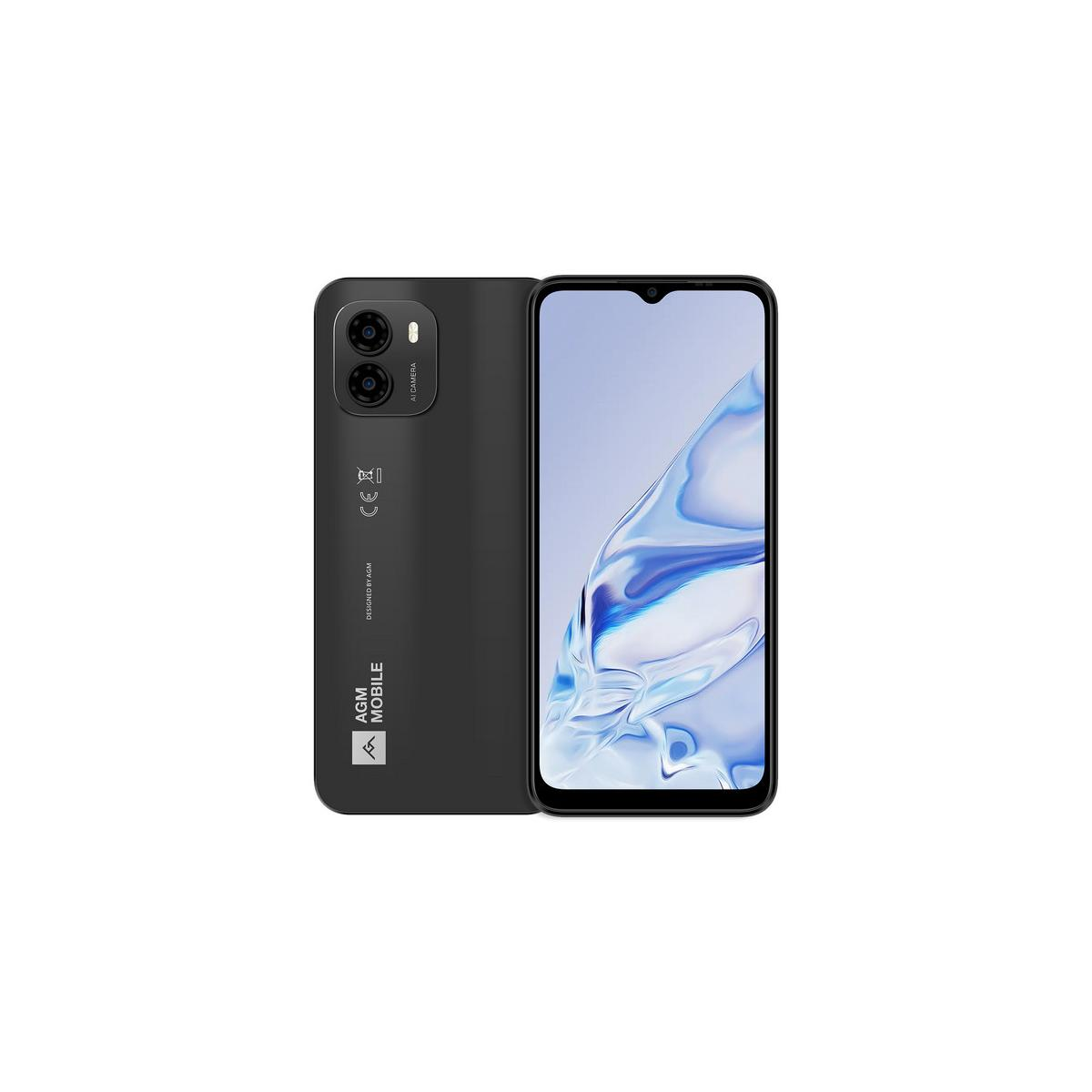 Ein schwarzes Smartphone mit zwei Kameras auf der Rückseite und einem blauen Hintergrundbild auf dem Bildschirm.