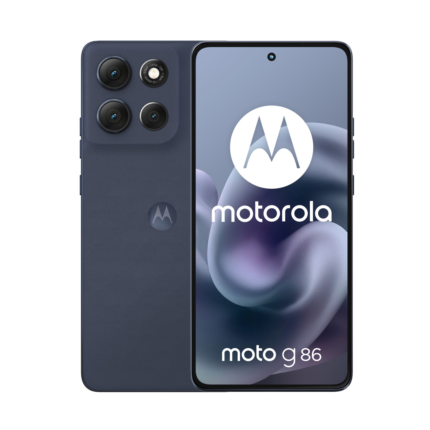 Ciemnoniebieski smartfon Motorola Moto G 86 z potrójnym aparatem i logo.