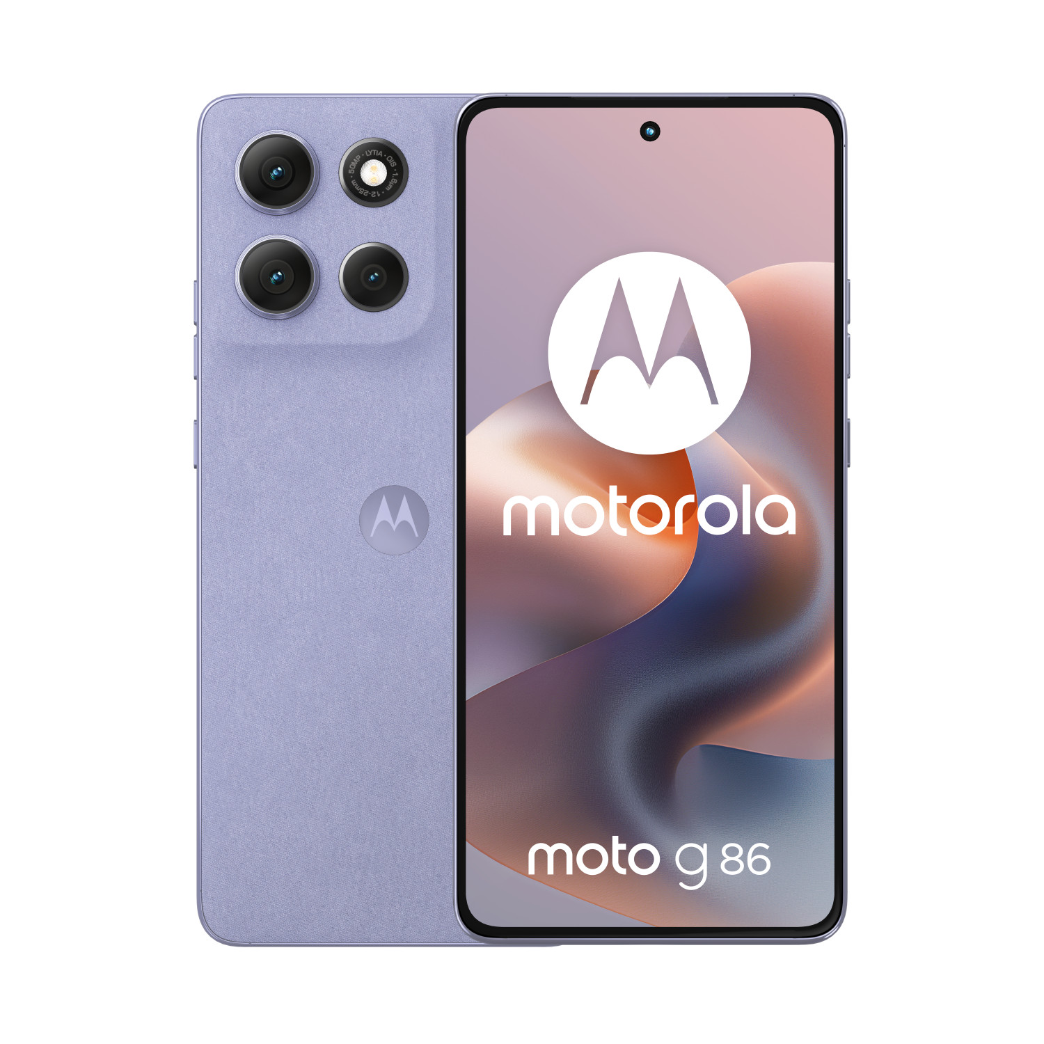 Fioletowy smartfon Motorola Moto G86 z trzema tylnymi aparatami i logo Motorola.