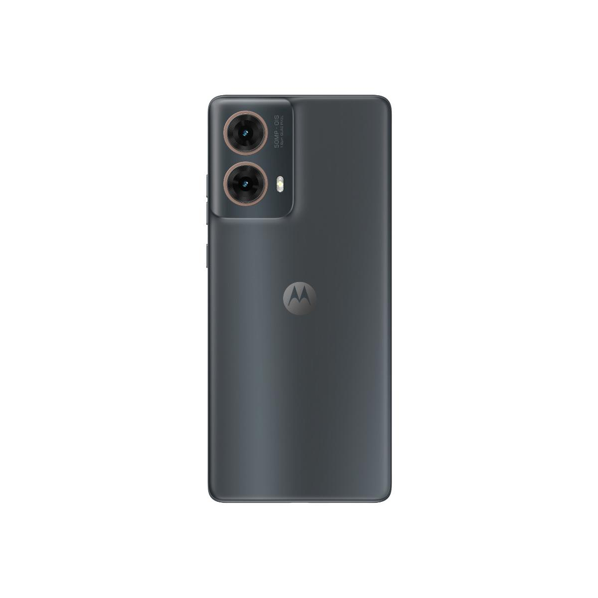 Teléfono inteligente gris oscuro con doble cámara y logo de Motorola detrás.
