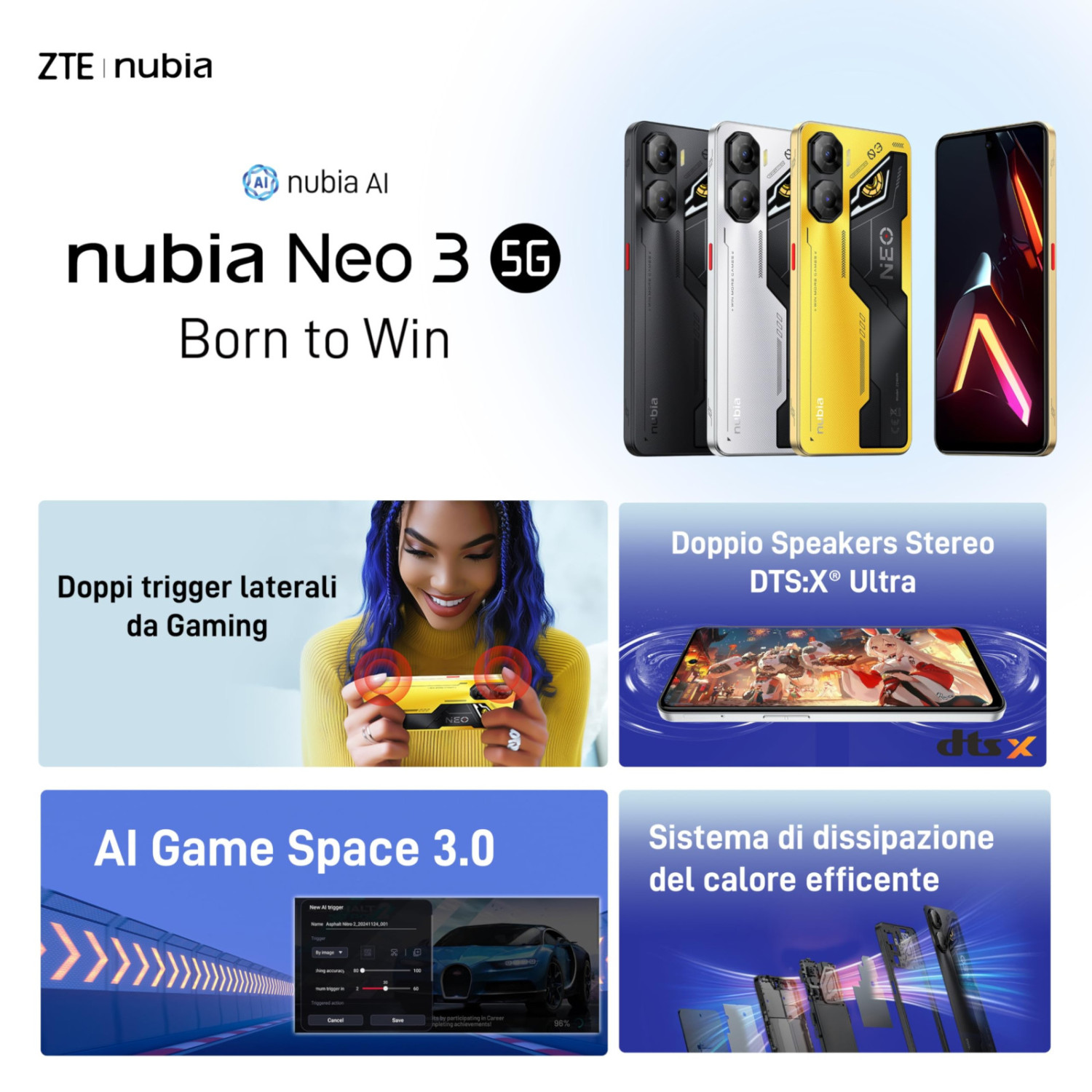 ZTE nubia Neo 3 5G con grilletti da gioco, altoparlanti stereo, IA e raffreddamento.