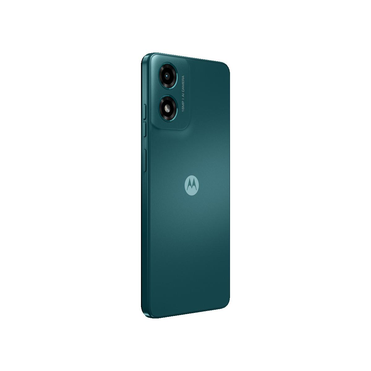 Turquoise Motorola phone back with dual cameras and Motorola logo.