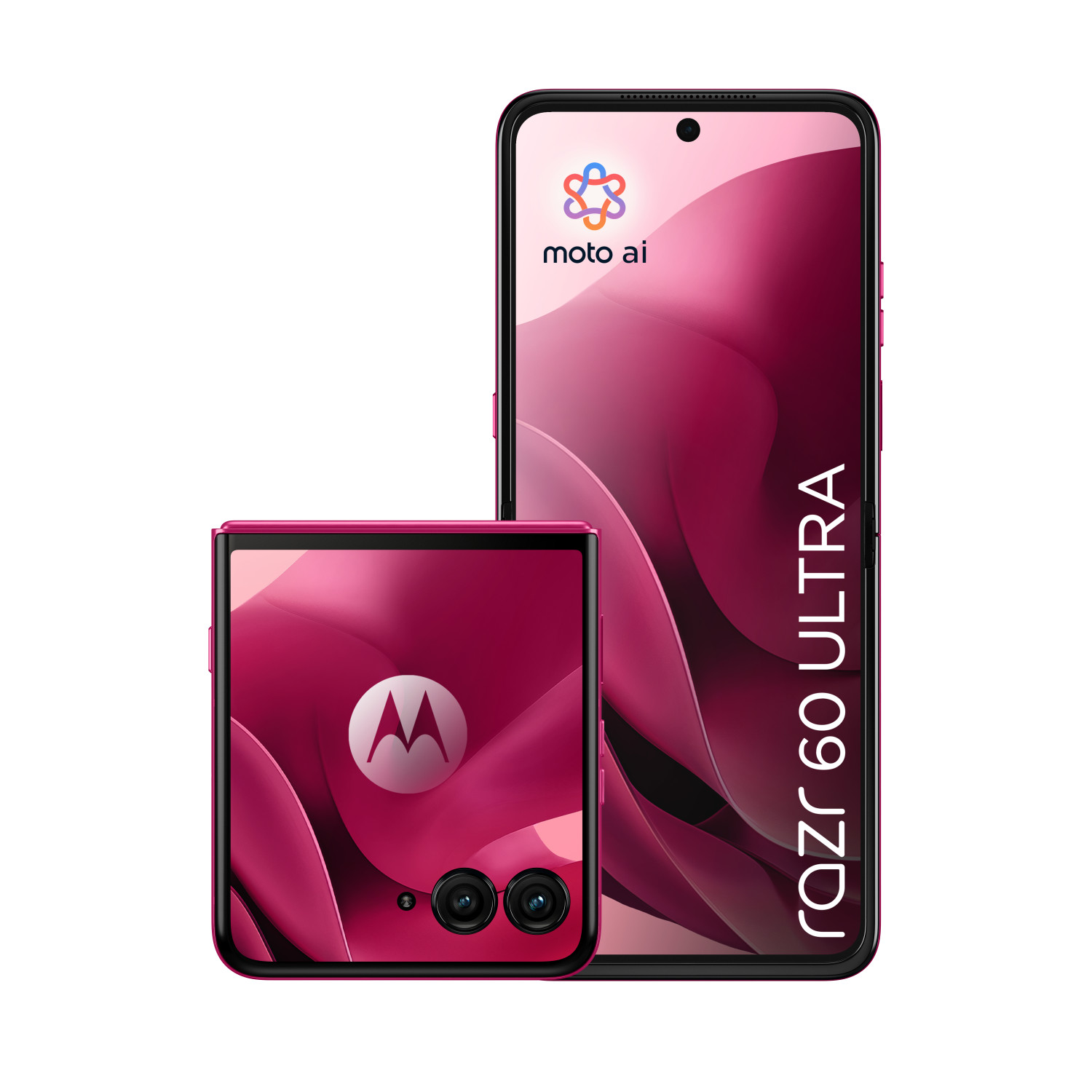 Ein pinkes Motorola Razr 50 Ultra Klapphandy, offen und geschlossen, auf weißem Hintergrund.