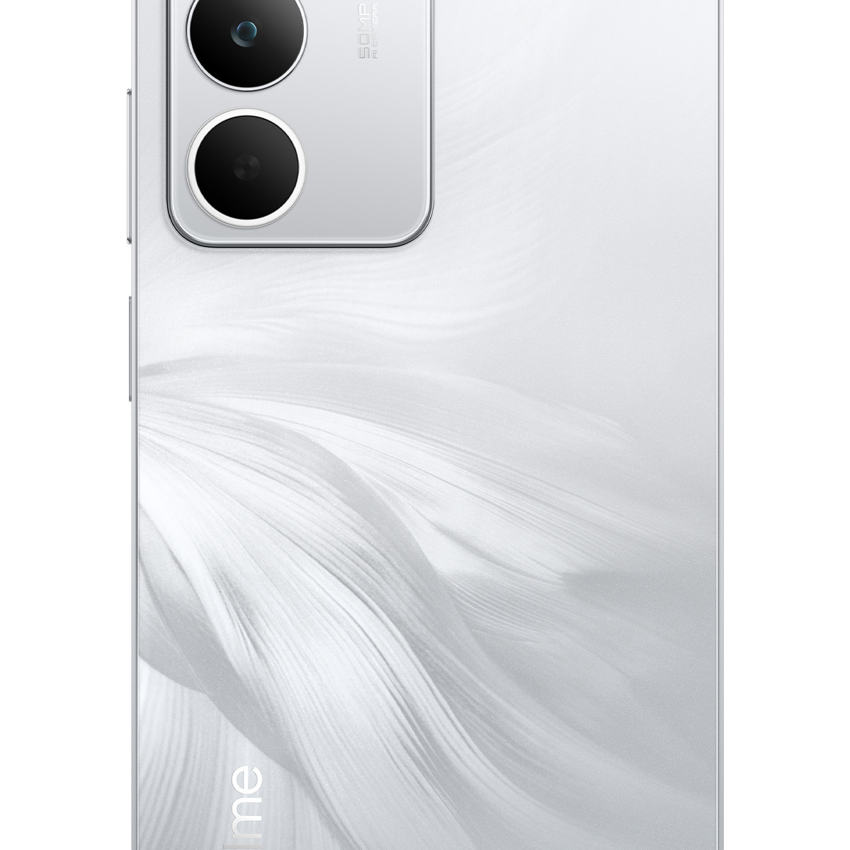 Rückseite eines weißen Smartphones mit zwei Kameralinsen und einem Federdesign.