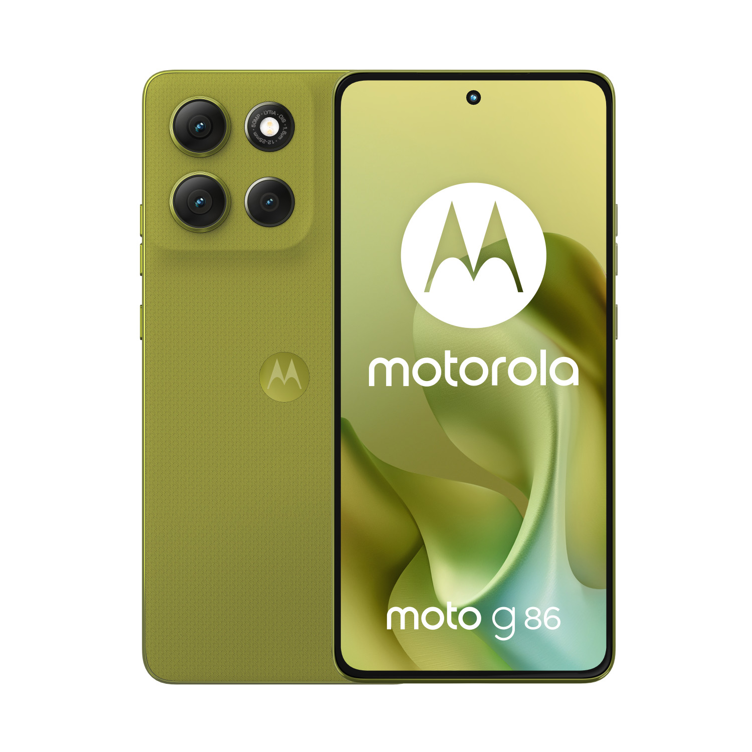 An olive green Motorola Moto G 86 smartphone with three rear cameras.