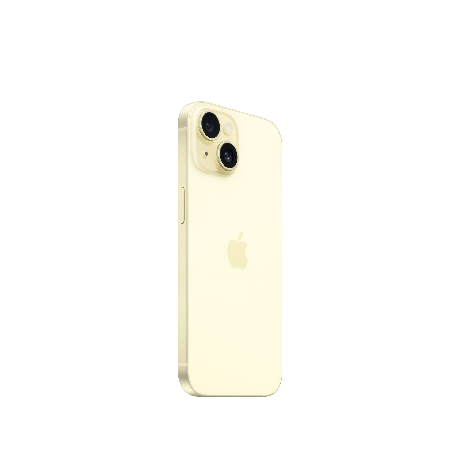 Gelbes iPhone mit zwei Kameras auf weißem Hintergrund.
