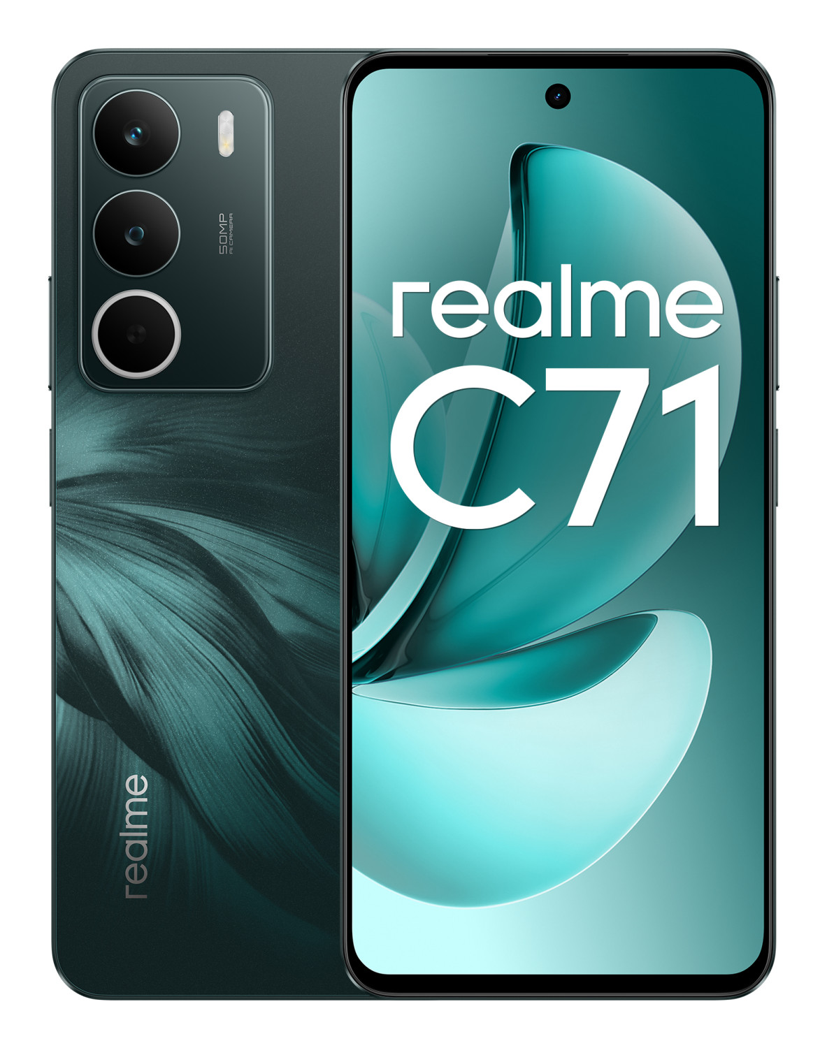 Ein dunkles Realme C71 Smartphone mit dreifacher Kamera und Wellenmuster auf der Rückseite.