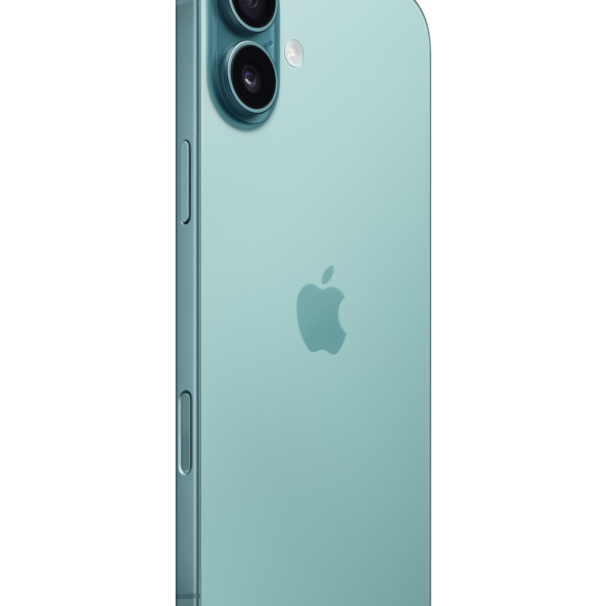 Turkusowy iPhone z logo Apple i dwoma aparatami z tyłu.