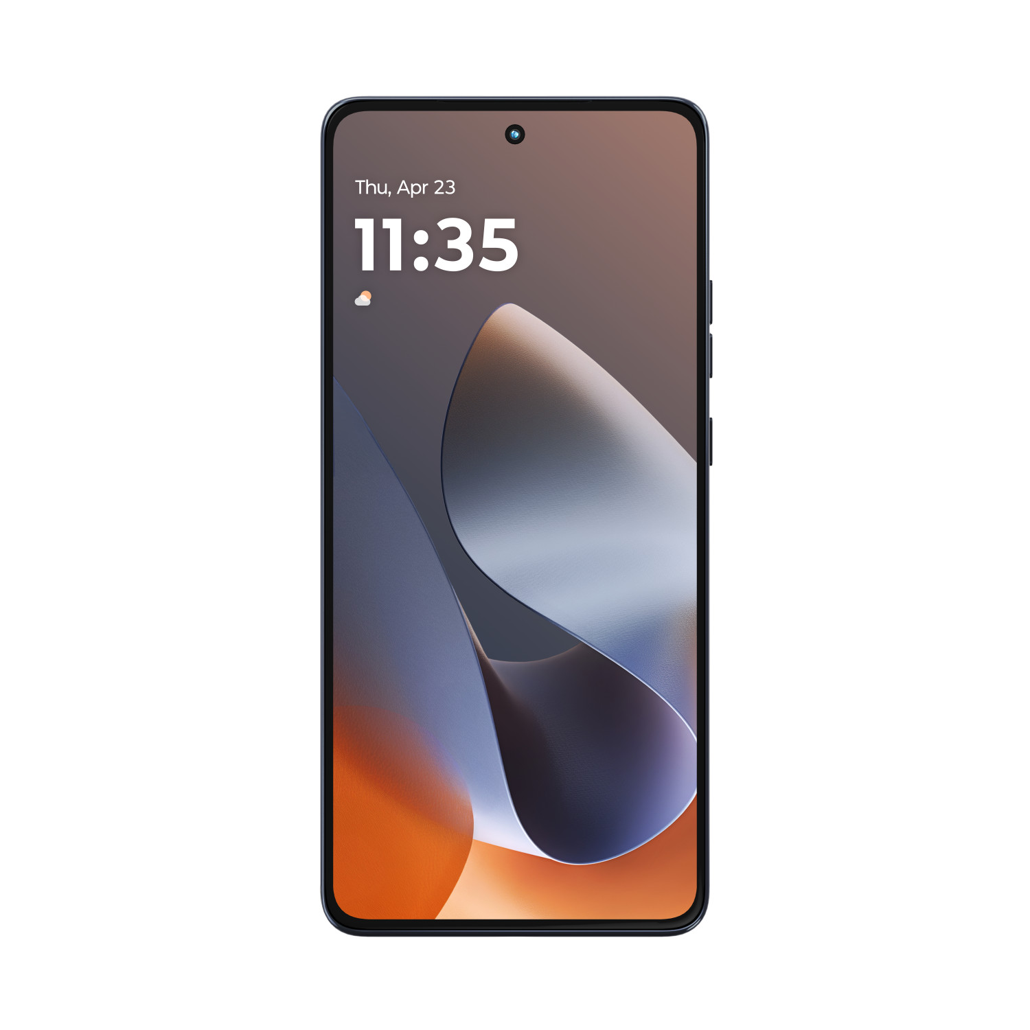 A smartphone with a dark casing and a colorful wallpaper displayed.