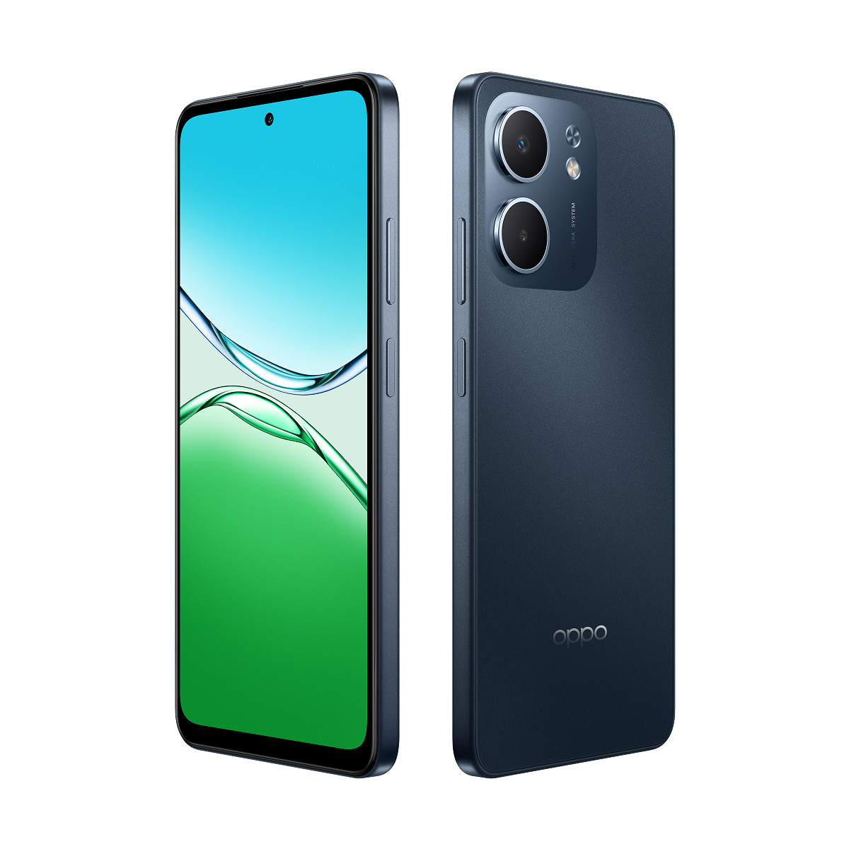 Due smartphone blu scuro, viste frontale e posteriore, con fotocamere e logo Oppo.