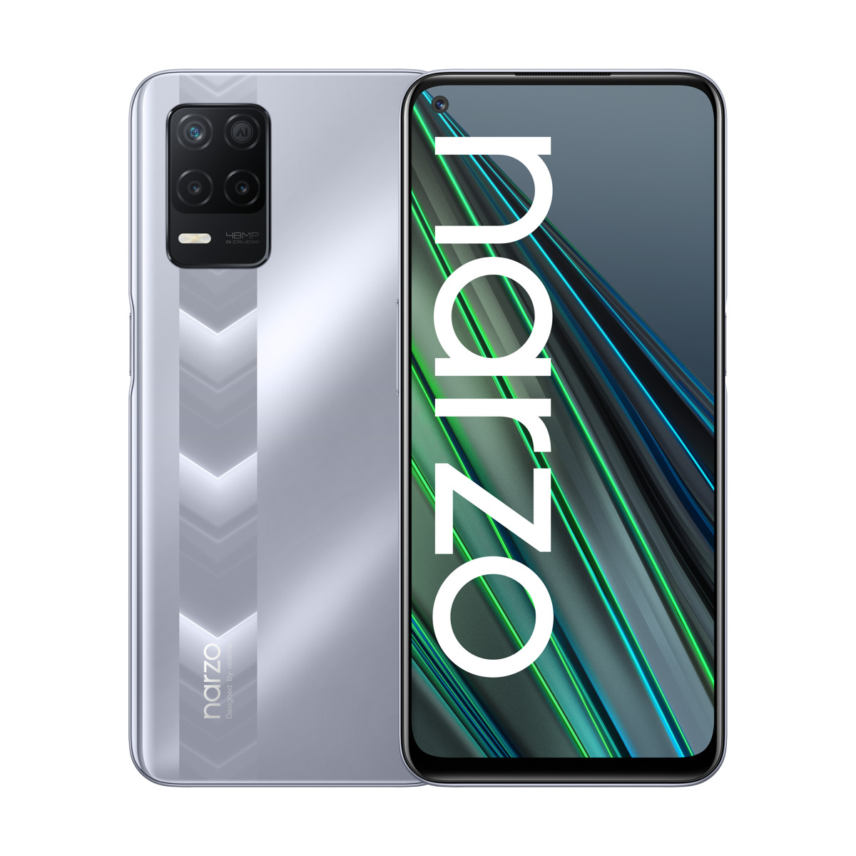 Uno smartphone argento con quad-camera posteriore e logo 'narzo' sullo schermo.