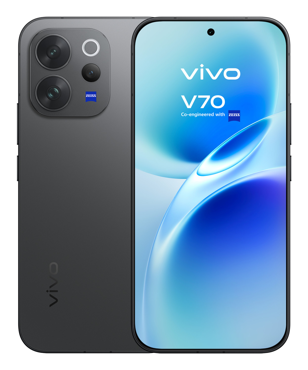 Szary smartfon Vivo V70 z trzema aparatami i logo Zeiss.