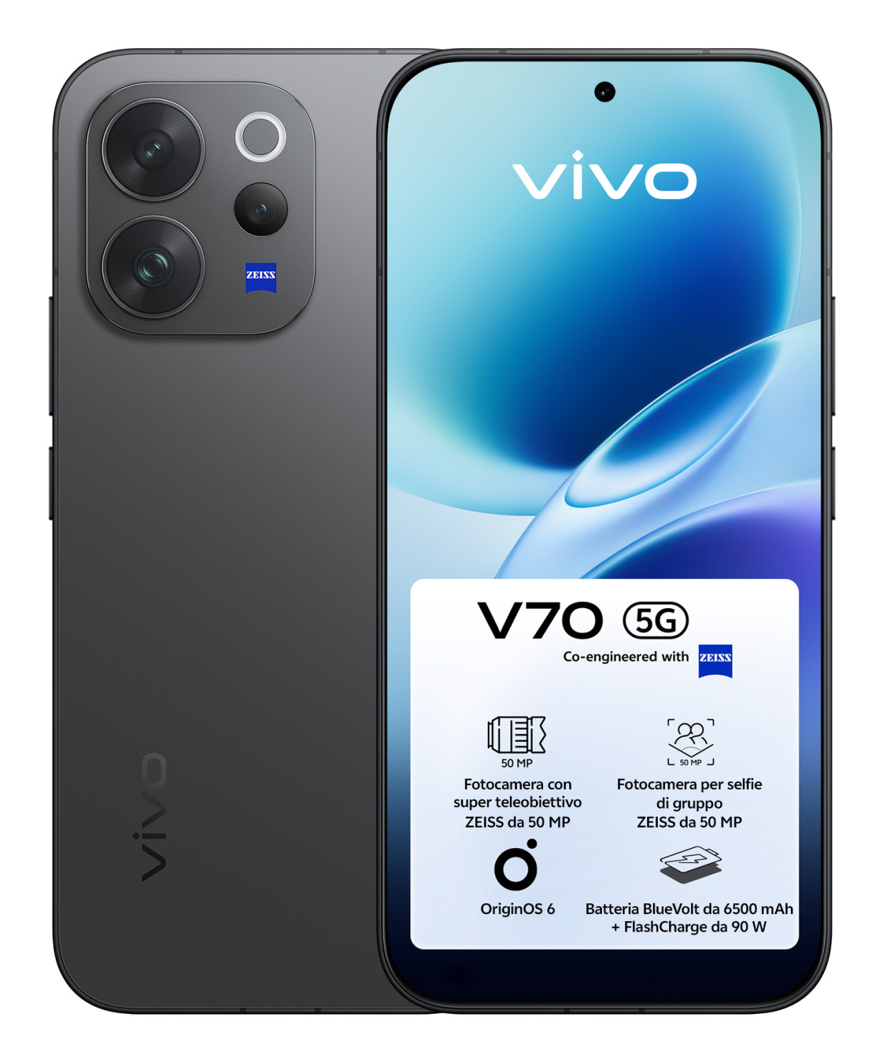 Szary smartfon Vivo V70 5G z aparatem ZEISS i baterią 6500 mAh.