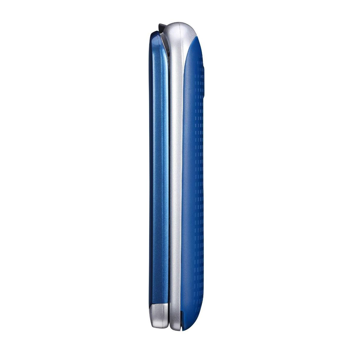 Un cellulare blu e argento di profilo, su sfondo bianco.