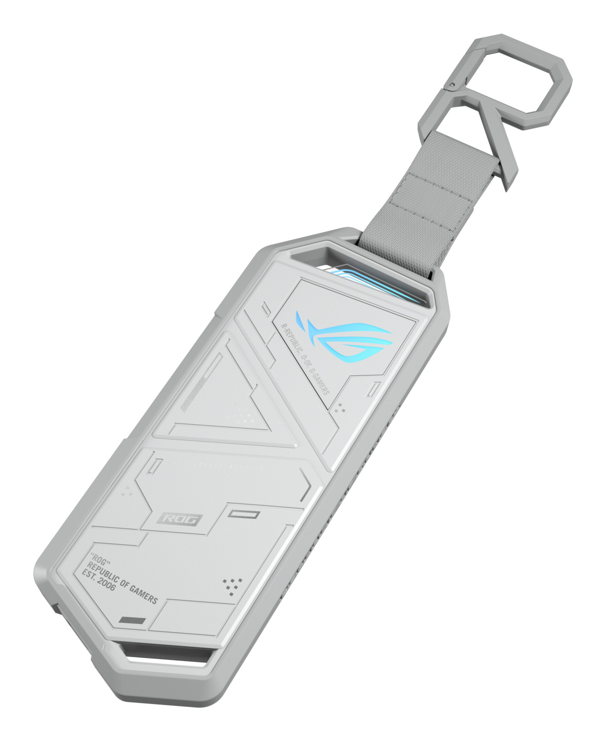 Un portachiavi bianco con logo ROG e moschettone.