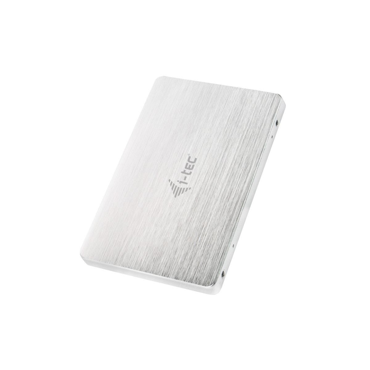 Ein silbernes, gebürstetes externes Festplattengehäuse mit dem i-tec-Logo.