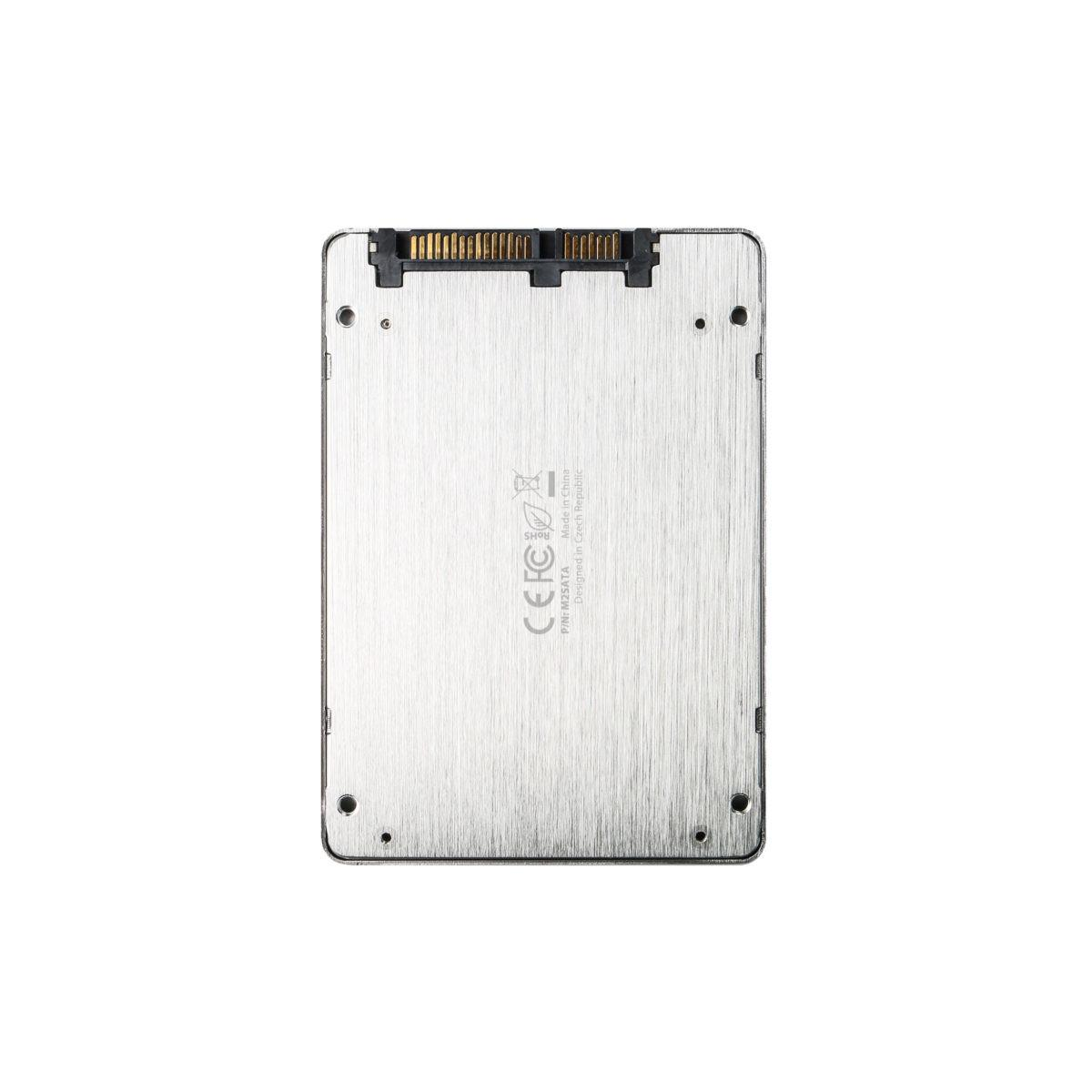 Silbernes SSD-Laufwerk mit SATA-Anschluss und Beschriftung.