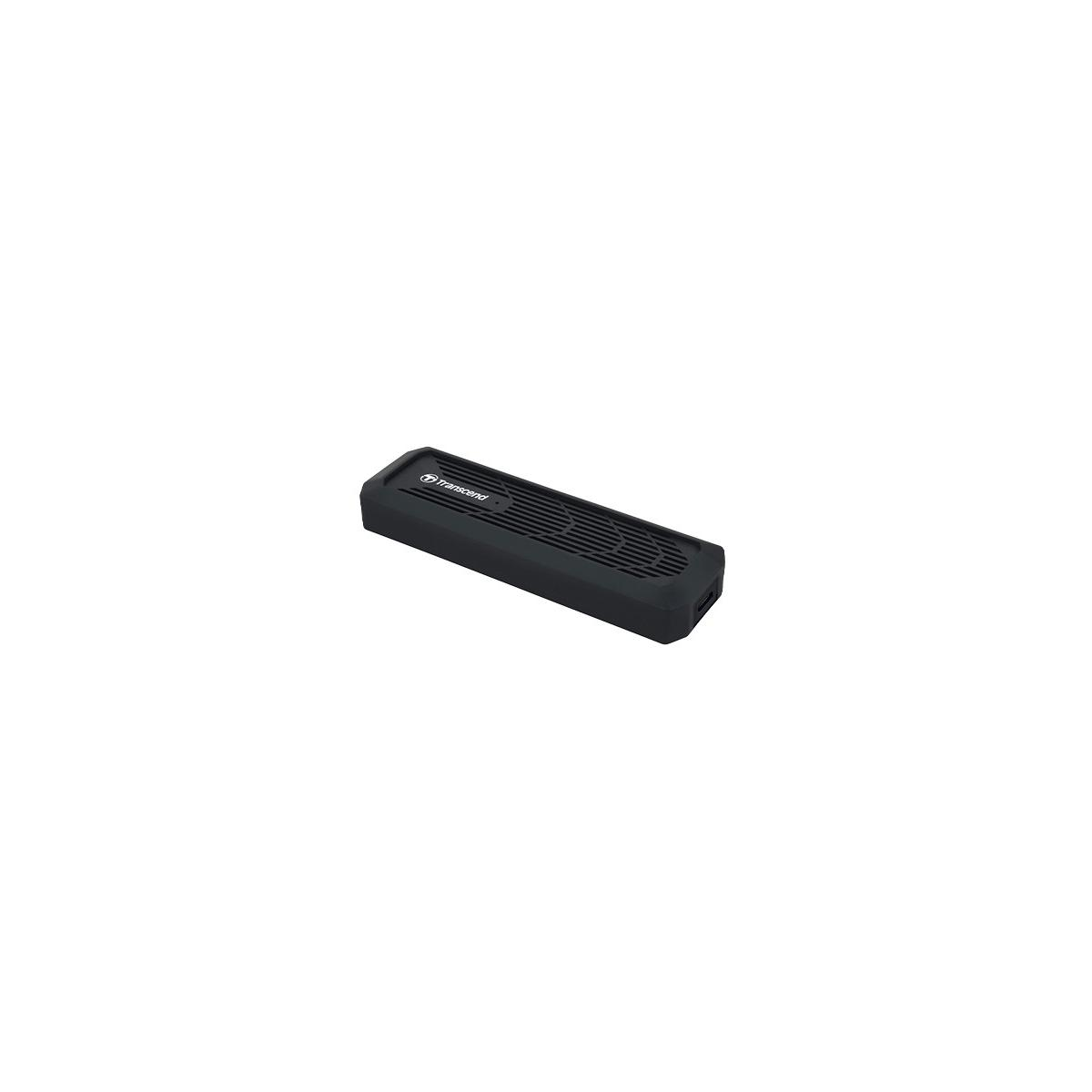 Box esterno SSD nero con fessure di ventilazione e logo.