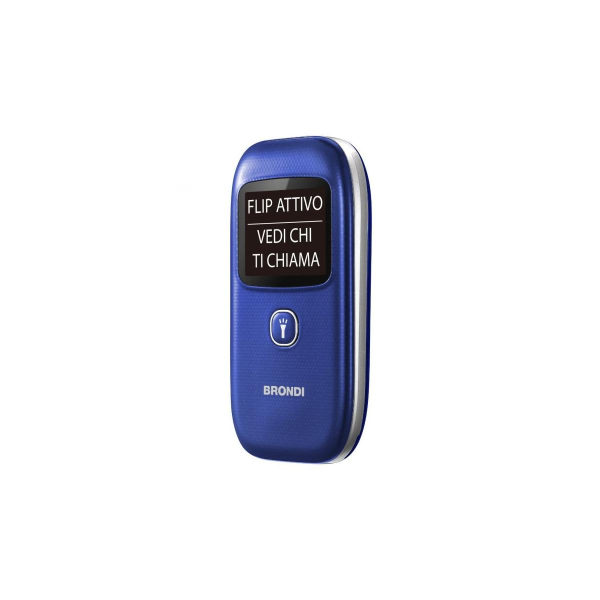 Un telefono a conchiglia blu con testo e icona sullo schermo.
