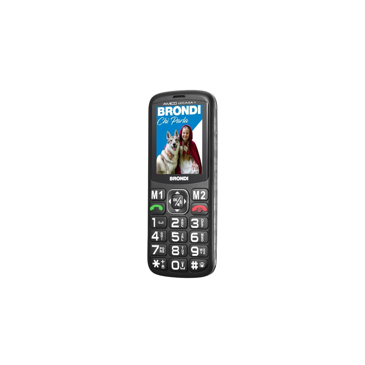 Ein schwarzes Brondi-Handy mit einem Bildschirm, der ein Mädchen und einen Hund zeigt.