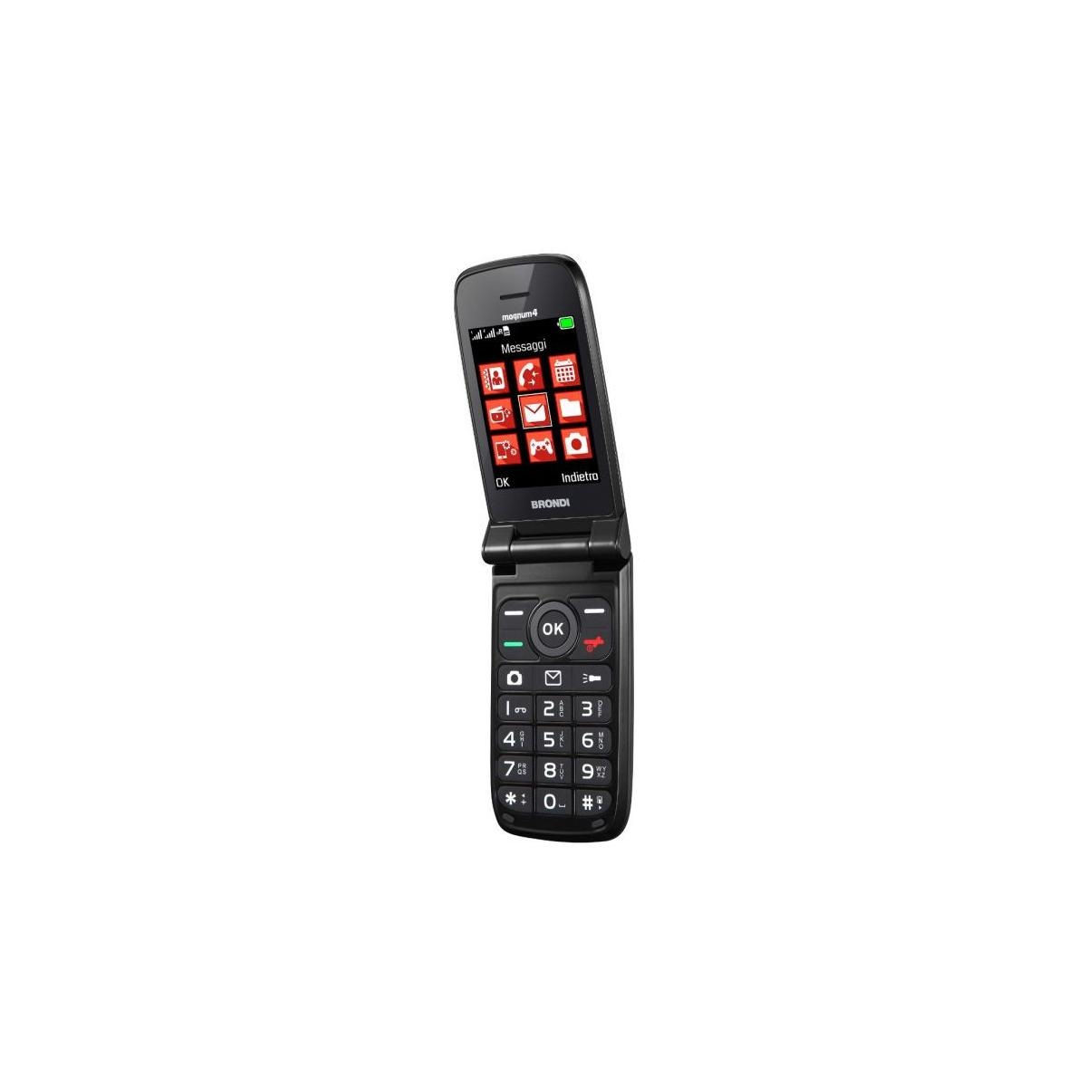 Czarny telefon klapka z klawiaturą i ekranem wyświetlającym ikony.