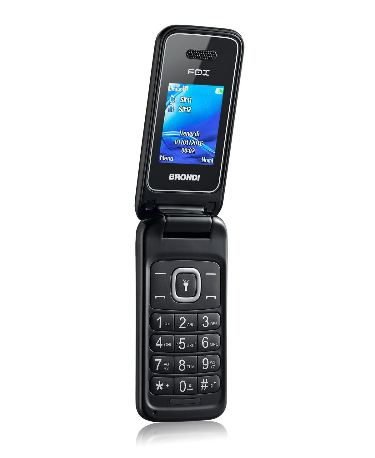 Un telefono a conchiglia nero con tastiera e schermo che mostra "SIM1", "SIM2".
