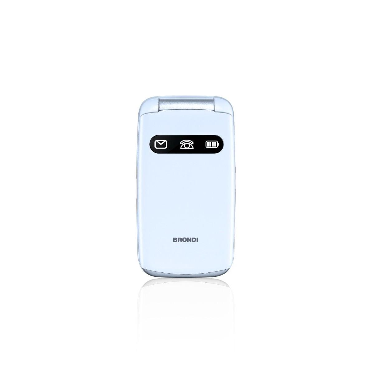 Un telefono a conchiglia azzurro chiuso con icone per messaggi, chiamata e batteria.