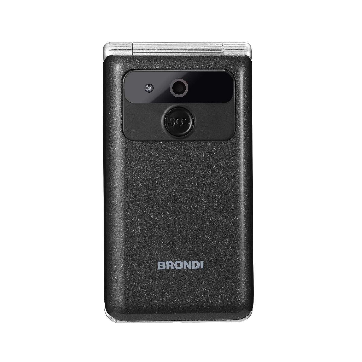 Un teléfono plegable negro con botón SOS y cámara. Es visible el nombre BRONDI.
