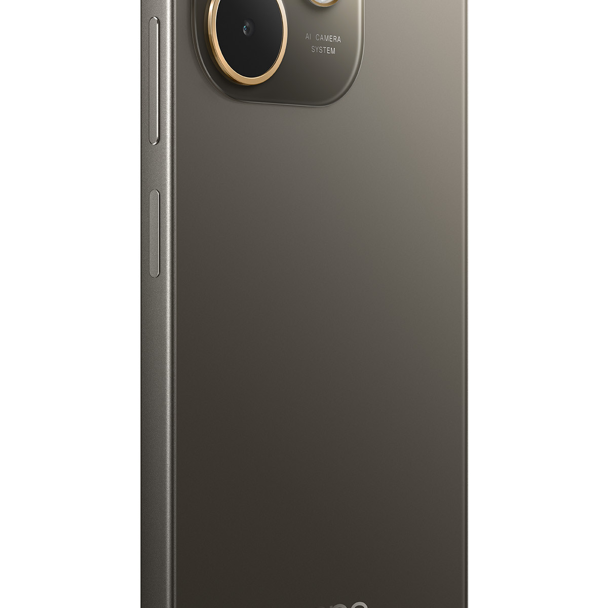 Primo piano di uno smartphone scuro con anello della fotocamera dorato e pulsanti laterali.