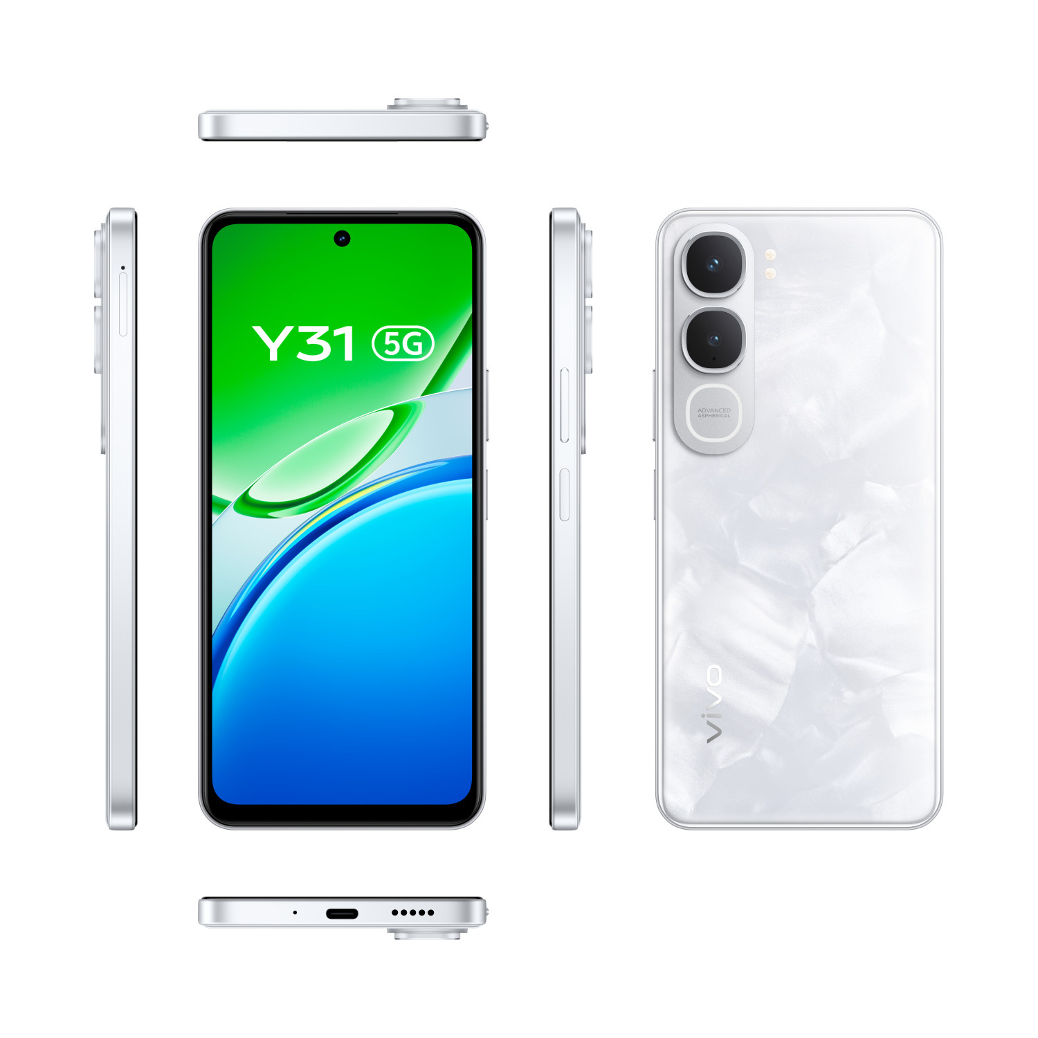 Ein weißes Vivo Y31 5G Smartphone wird von allen Seiten gezeigt.