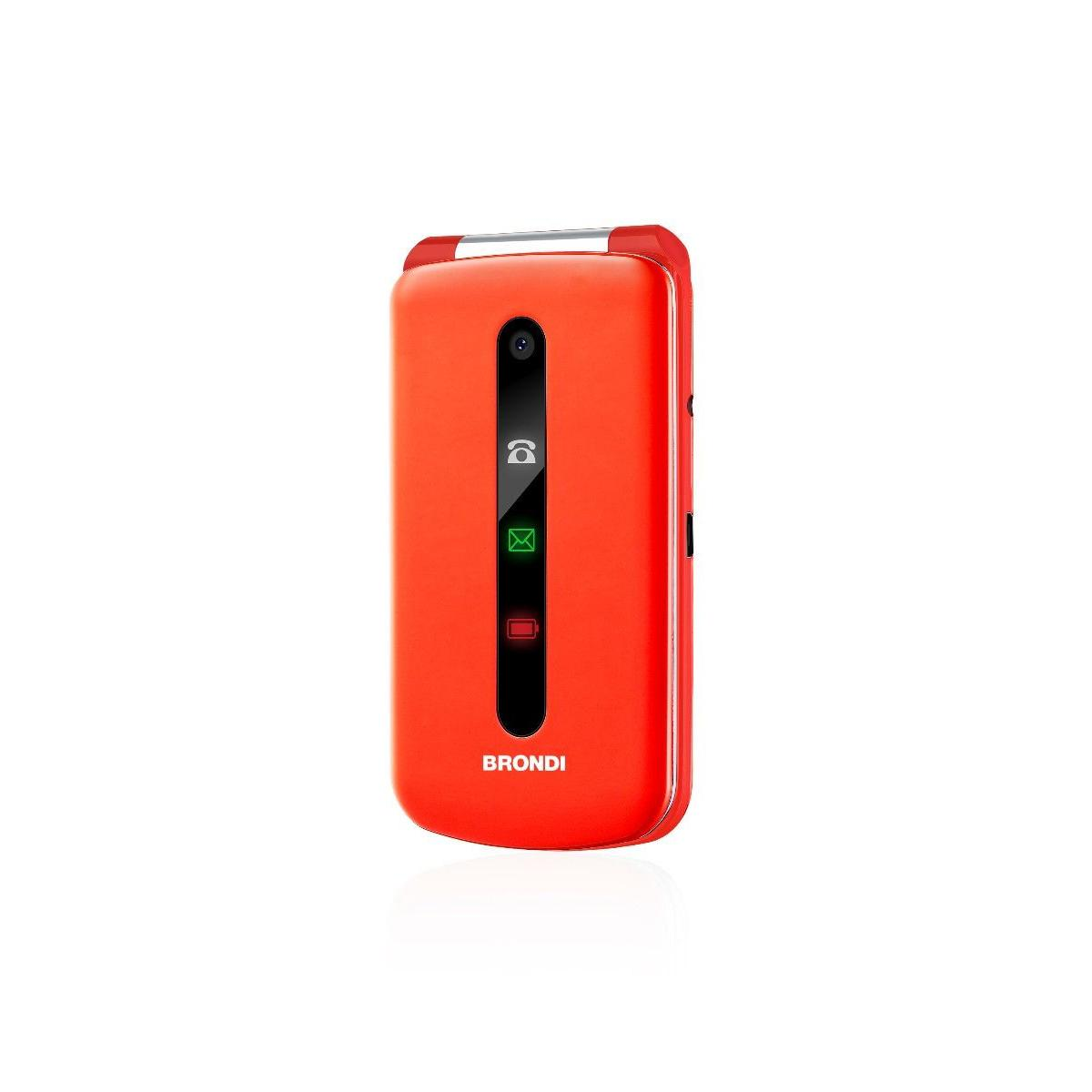 Un teléfono plegable rojo con lente de cámara e iconos.