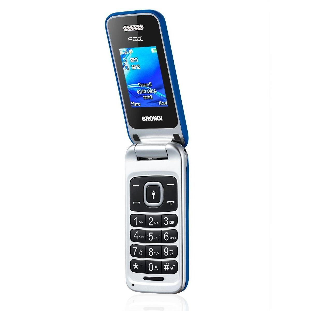 Telefono flip aperto blu e argento con tastiera e schermo visibili.