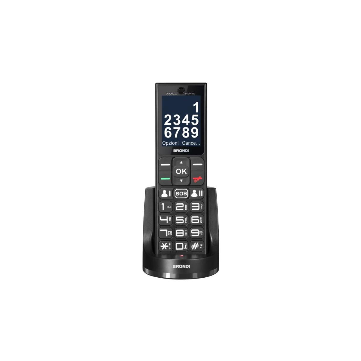 Un telefono Brondi nero con tastiera grande è sulla sua base di ricarica.