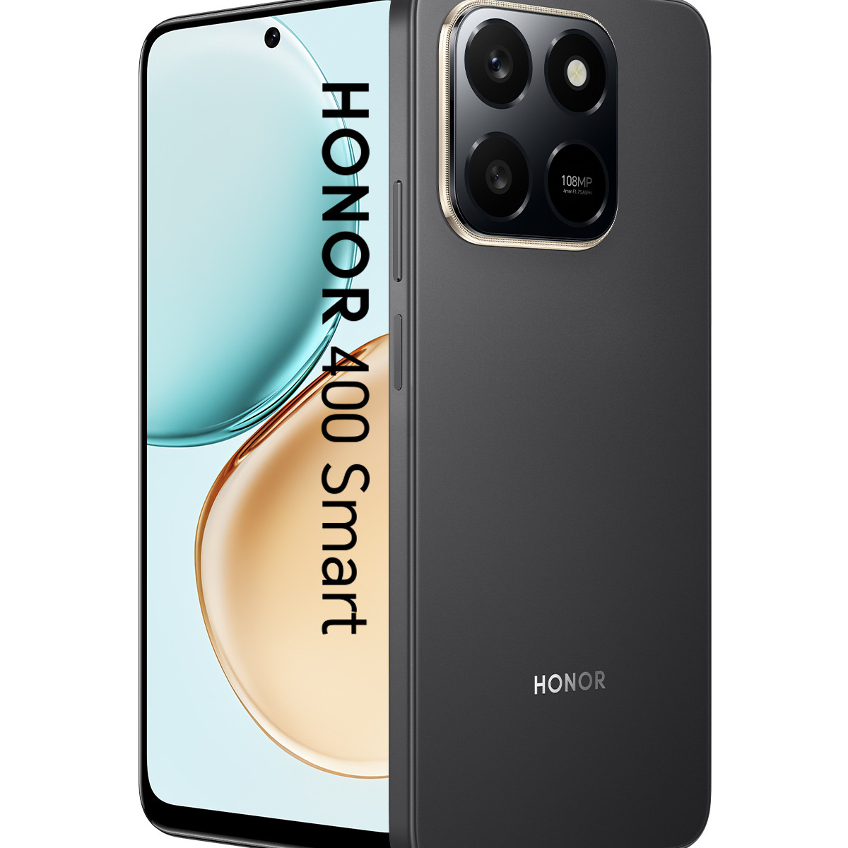 Schwarzes Honor 400 Smart Smartphone mit Kameramodul auf der Rückseite.